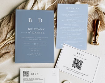 Wedding Invitation Template Set, QR Code RSVP Postcard, Modern Minimalist Invite, Dusty Blue Wedding Invitation Template, Details Card #f37m