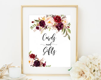 Templett Cards And Gifts Sign Template, Fully Editable, Wedding Table Decor DIY, Download, Southern, Rustic, Country, Marsala, Cream #vmt42