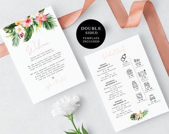 Plantilla de carta de bienvenida de hotel, itinerario, prueba antes de comprar, cronograma de boda, orden de eventos, programa de bricolaje, vegetación, flores rosas #vmt34