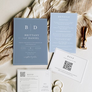 Hochzeitseinladungs-Vorlagen-Set, QR-Code Antwortkarte, Moderne minimalistische Einladungskarte, Blaue Hochzeitseinladungs-Vorlage, Detailkarte #f37m