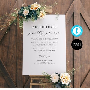 Modern Unplugged Wedding Sign Template, No Pictures Ceremony, No Photos Pretty Please, Fully Editable, Minimalist, Casual, Simple #vmt310