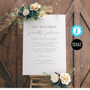 Modern Unplugged Wedding Sign Template, No Pictures Ceremony, No Photos Pretty Please, Fully Editable, Minimalist, Casual, Simple #vmt310