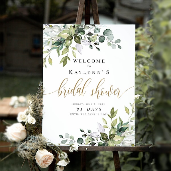 Portrait Bridal Shower Welcome Sign Template, 100% Editable Text, Party, Reception, Brunch Poster, Decorations, Download, Greenery Gold #c61