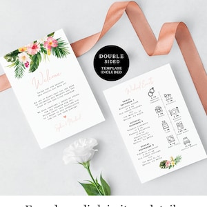 May include: A double-sided wedding invitation template with a tropical floral design. The front features a welcome message with pink and green floral accents. The back lists the weekend events with icons and times.