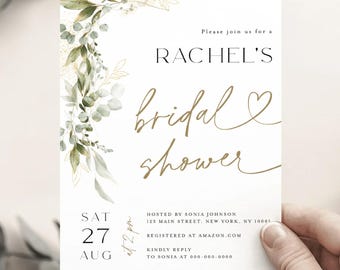 Eucalyptus Bridal Shower Invite, Printed Greenery Gold Shower Invitations, Boho Botanical Party Card