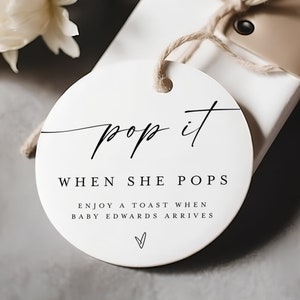 Pop And Cheer When Baby Is Here, Round Mini Champagne Favor Tags, Pop It When She Pops, Pop And Cheer Baby Shower Tag, Self-Editing #f37
