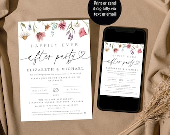 Happily Ever After Party Invitation, Wildflower Reception Party Invitation Template, Wedding Elopement Party Invite Digital Download #c82