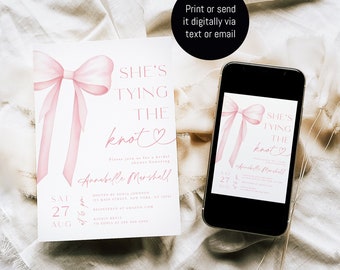 She's Tying the Knot Bridal Shower Invitation, Digital Pink Bow Bridal Shower Invite, Minimalist Ribbon She's Tying the Knot Invitation #b14