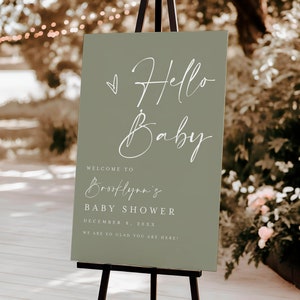 Sage Grün Baby Shower Willkommensschild, Hallo Baby Willkommensschild, Sage Baby Shower Willkommensschild, Minimalistische Babyparty #F41