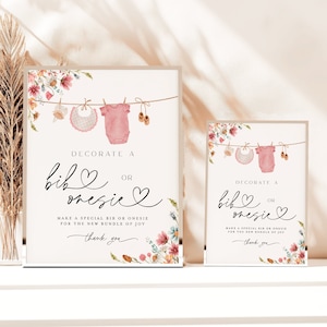 Dekorieren Sie ein Bib Zeichen, Dekorieren Sie ein Onesie Zeichen, Mädchen Wildblumen Baby Shower Spiel, Dekorieren Station, Baby-Kleidung Baby Brunch Zeichen #c82