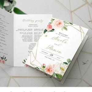 Może przedstawiać: Zaproszenie ślubne z geometryczną złotą ramką i akwarelowym wzorem kwiatowym. Zaproszenie zawiera napis "Witamy na ślubie Nicole i Ramona, sobota, 23 lipca, Nowy Jork, NY".