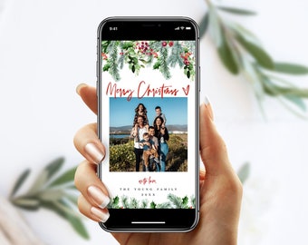 Electronic Merry Christmas Card Template Download, 2023 E Card, Add Your Own Photo, Picture, Eco Friendly, Custom, Templett, Greenery #c71