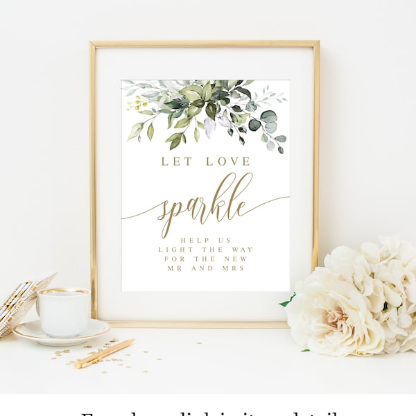 Let Love Sparkle Sign Template, Fully Editable Text, Instant Download, Wedding Sparkler Send Off, Personalized, Greenery Gold, Leaves #c61