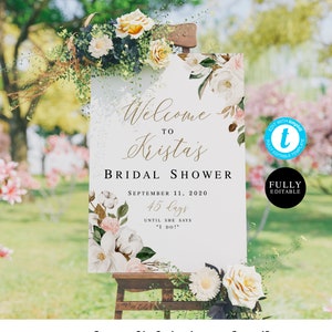 Bridal Shower Welcome Sign Template, Edit With Templett, Download, Wedding Brunch, Blush Magnolia Floral Watercolor Cotton Buds DIY #vmt4222