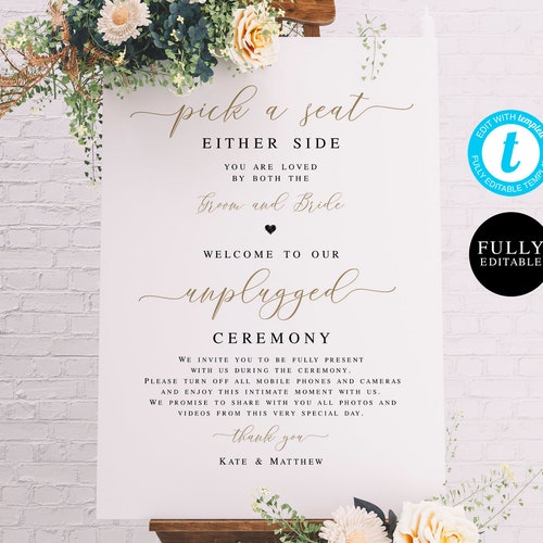 Gold Unplugged Ceremony Sign Template Pick A Seat Either - Etsy