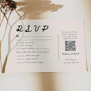 Carte RSVP dessinée à la main, faire-part de mariage lunatique dessiné à la main, carte RSVP QR Code, faire-part de toast rétro vintage #c97