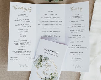 Greenery Gold Wedding Program Template, Trifold, Tri-Fold, Editable, Digital Download, Order Of Service Card, Vow Renewal, Geometric #c61