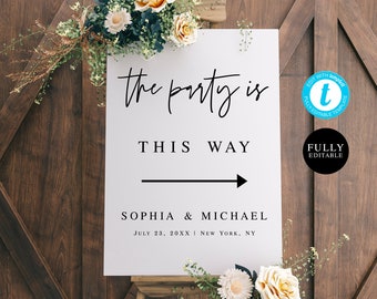 Printable Wedding This Way Sign Template, Instant Download, Party, Edit With Templett, Wedding Direction Sign, Customize, Arrow Sign #f24