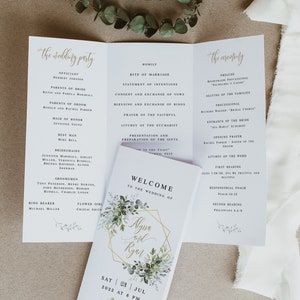 Greenery Gold Hochzeit Programm Vorlage, Trifold, Tri-Fold, bearbeitbar, Digital Download, Bestellung der Service Karte, Gelübde Erneuerung, Geometrisch #c61
