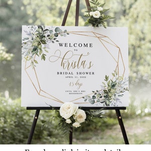 Greenery Gold Welcome To Bridal Shower Sign Template, Edit With Templett, Wedding Countdown, Days Until She Says I Do, Boho, Geometric #c61