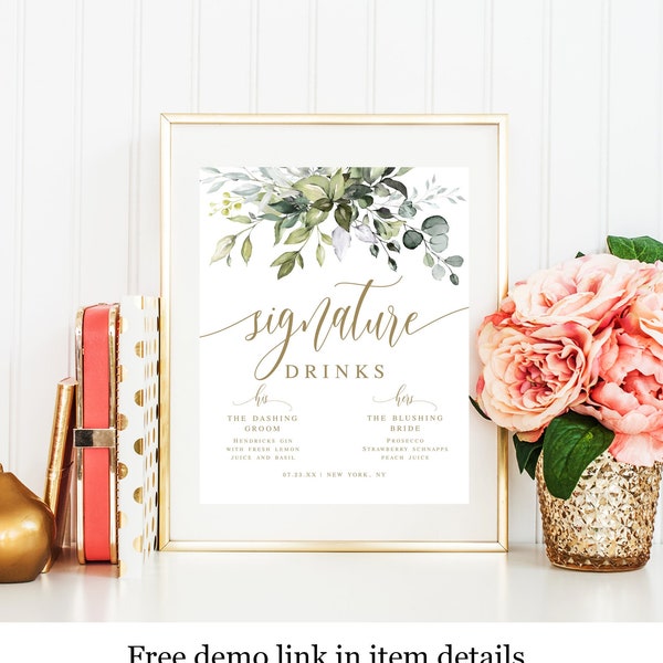 Greenery Gold Signature Drinks Sign Download, Fully Editable Template, Wedding Cocktails, Couples Shower, Rehearsal Dinner, Branches #c61