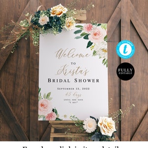 Welcome To Bridal Shower Sign Template, Fully Editable, Wedding Countdown, Portrait, Days Until She Says I Do, Blush Floral Gold DIY #vmt423