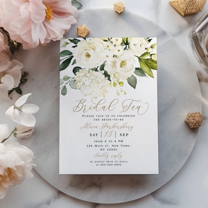 Bridal Tea Party Invitation Template, Instant download, White Roses, 100% editable, Floral Invite, Calligraphy, DIY Customizable #vmt4216