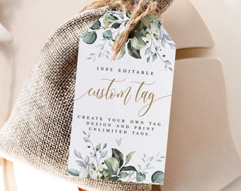 Greenery Gold Tag Template, Self-Editing, Personalized, Custom, Your Words Here, Customize, Wedding Welcome Bag Items, Eucalyptus Heart #c61