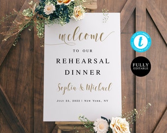 Gold Rehearsal Dinner Welcome Sign Template, Digital Download, Fully Editable, Try Before You Buy, Self-Editing, Printable Poster #vmt120