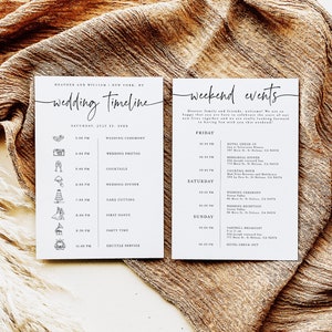 Tarjeta minimalista para eventos de boda, plantilla de itinerario, actividades divertidas, carta de bienvenida, prueba antes de comprar, digital, inserto de bolsa de bienvenida n.° f44