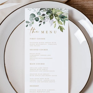 Szablon menu na przyjęcie obiadowe, próba ślubu, dekoracja brunchu ślubnego, natychmiastowe pobranie, do wydrukowania, Templett, ramka z zielenią, ogród #c80