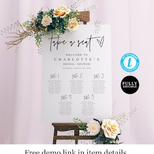 Bridal Shower Seating Chart Template, 4, 5 or 6 Tables, Printable, Small Wedding, Take A Seat, Customizable, Self-Editing, Brunch Decor #f24