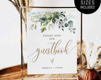 Greenery Please Sign Our Guestbook Sign Template, Downloadable, Guest Book Ideas, Names, Personalized, Custom, Leaves, Greenery Gold #c61