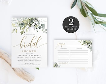 Shower Invitation Template, Bridal Invite With Recipe Card, Set, Fully Editable, Downloadable, Edit With Templett, Printable, Greenery #c61