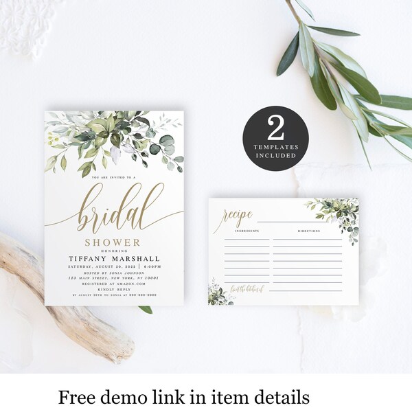 Shower Invitation Template, Bridal Invite With Recipe Card, Set, Fully Editable, Downloadable, Edit With Templett, Printable, Greenery #c61