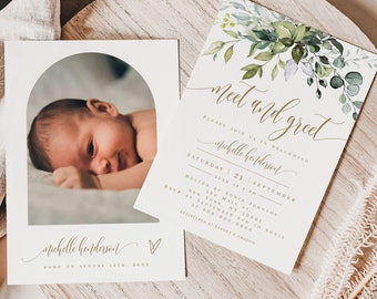Meet & Greet Invitation, Sip And See, Welcome Baby Invite, New Baby Party Invite, Arch Photo, Meet Our Baby, Boy or Girl, Greenery Gold #c61
