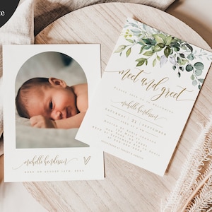 Meet & Greet Invitation, Sip And See, Welcome Baby Invite, New Baby Party Invite, Arch Photo, Meet Our Baby, Boy or Girl, Greenery Gold #c61