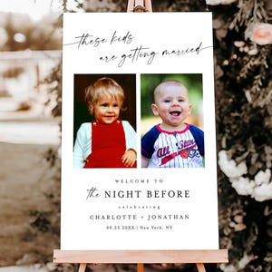Personalized Wedding Welcome Sign with Childhood Photos: Rehearsal Dinner Decor