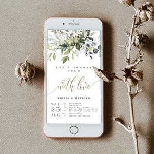 May include: A digital invitation on a smartphone screen with a green and white floral design. The text reads "Let's shower them with love, Krista & Matthew, Sat 23 Aug at 6 pm, Club Space, 123 Main St, New York, NY 10001, Kindly RSVP by August 12 to Brittany 000-000-0000, Registered at Target and Amazon."