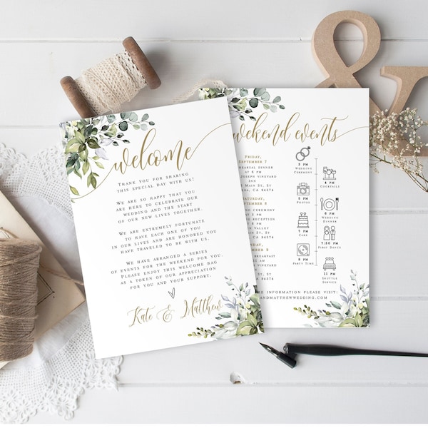 Greenery Branches Wedding Weekend Itinerary Template, Wedding Day Welcome Letter, Icon Timeline, Try Before You Buy, Welcome Bag Insert #c61