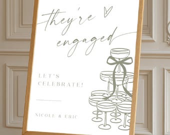 Canva Engagement Party Sign Template, Sage Champagne Tower Engagement Welcome Poster, Engagement Party Welcome Sign Canva Template #cv97