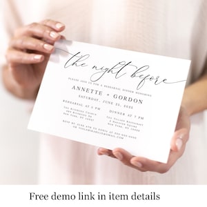 May include: A white invitation card with black calligraphy text that reads "the night before" and details for a rehearsal dinner honoring Annette and Gordon on Saturday, June 25, 2023. The invitation includes the time and location for the rehearsal and dinner.