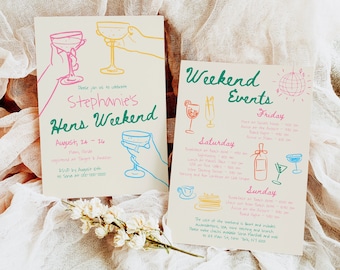 Colorful Bachelorette Weekend Events Itinerary Template, Hand Drawn Bachelorette Invite Quirky Scribble Funky Hens Party Weekend Invite #c97