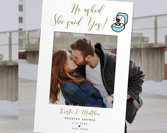 Editable Photo Prop Frame, He Asked She Said Yes, Printable Photo Booth Prop, Wedding Couples Shower, Engagement Sign, Ring Templett #vmt520