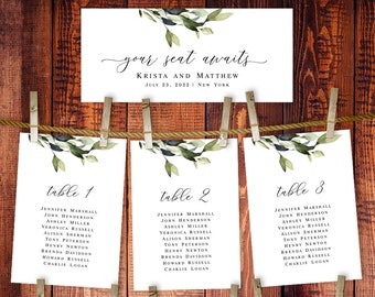Printable Seating Chart Template, Templett Download, Fully Editable, Wedding Reception, Greenery Theme, Arrangement Cards, Foliage #vmt43