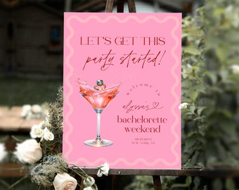 Bachelorette Weekend Welcome Sign, Pink Bachelorette Party Welcome Sign, Lets Get This Party Started Sign, Retro Wavy Hens Party Sign #f38