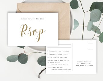 Gold Wedding RSVP postcard Downloadable 100% Editable text Templett Printable Digital Download Custom 5x3.5 DIY Personalized Rustic #vmt120