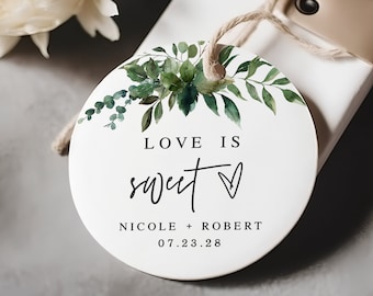 Love Is Sweet Favor Label Template, Circle Gift Tags, Round Stickers Printable, Edit With Templett, Wedding, Bridal Shower, Greenery #vmt58