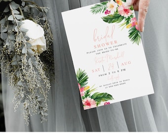Pink Bridal Shower Invitation, Printable, 100% Editable, Invite Template, pdf jpg, Tropical Floral, Destination, Hawaiian, Hibiscus #vmt34