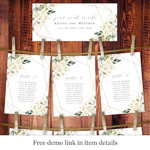 Boho Seating Chart Cards Template, Wedding Table Plan, Arrangement, Hanging, Instant download, Templett, Guest List, White Roses #vmt3116